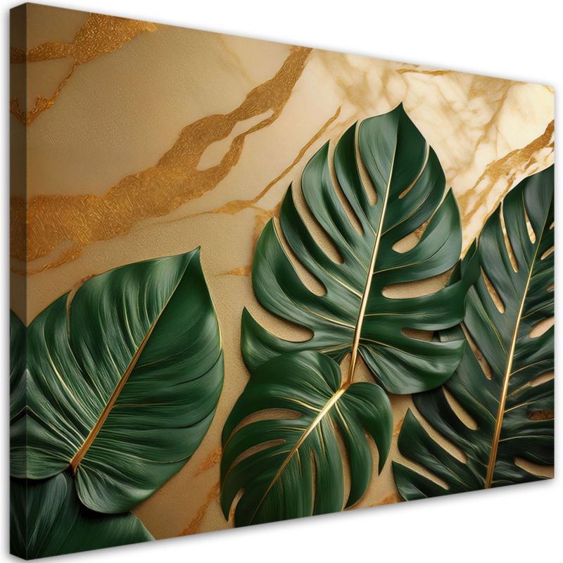 Obraz do salonu Feeby Zielone Liście Monstery Marmur Złoty 90x60 cm 1szt