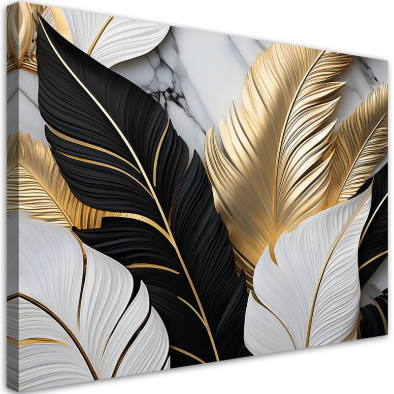 Obraz do salonu Feeby Złoto Czarno Białe Liście Palmy Marmur 120x80 cm 1szt