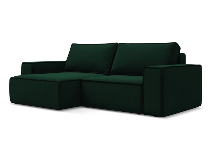 Narożnik lewostronny z funkcją spania Makamii Kimo z weluru 257x148 cm butelkowa zieleń 1 szt.