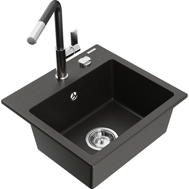 Zlewozmywak granitowy 1-komorowy Mexen Milo z baterią kuchenną Flora czarny/złoty metalik 6505-75-670401-07