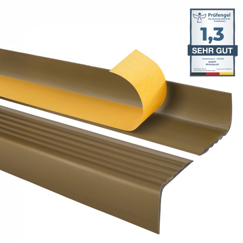 Profil schodowy PCV 50x42mm, QUEST, samoprzylepny antypoślizgowy nosek schodowy, RGP, mosiądz, 1.3m