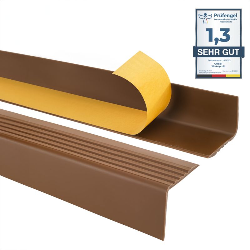 Profil schodowy PCV 50x42mm, QUEST, samoprzylepny antypoślizgowy nosek schodowy, RGP, brąz, 1.5m