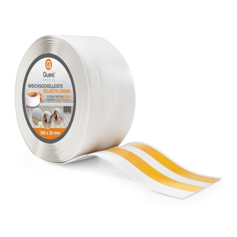 Listwa przypodłogowa PCV 100x25mm, QUEST, samoprzylepna elastyczna, miękka listwa podłogowa, cokołowa, biały, 20m