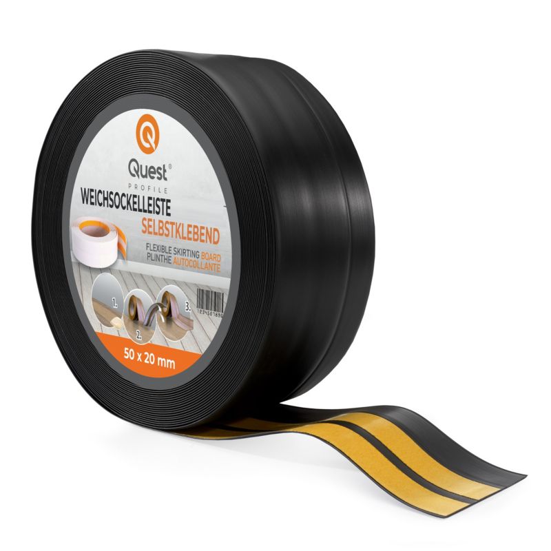 Listwa przypodłogowa PCV 50x20mm, QUEST, samoprzylepna elastyczna, miękka listwa podłogowa, cokołowa, czarny, 20m