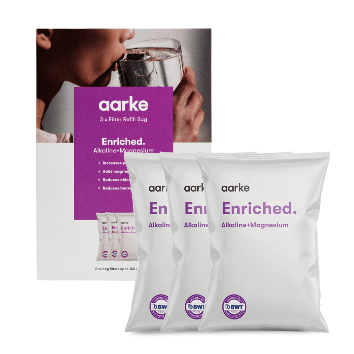 Granulki filtrujące Aarke Enriched Alkaline + Magnesium. 3 saszetki z granulkami filtrującymi do dzbanka Aarke.