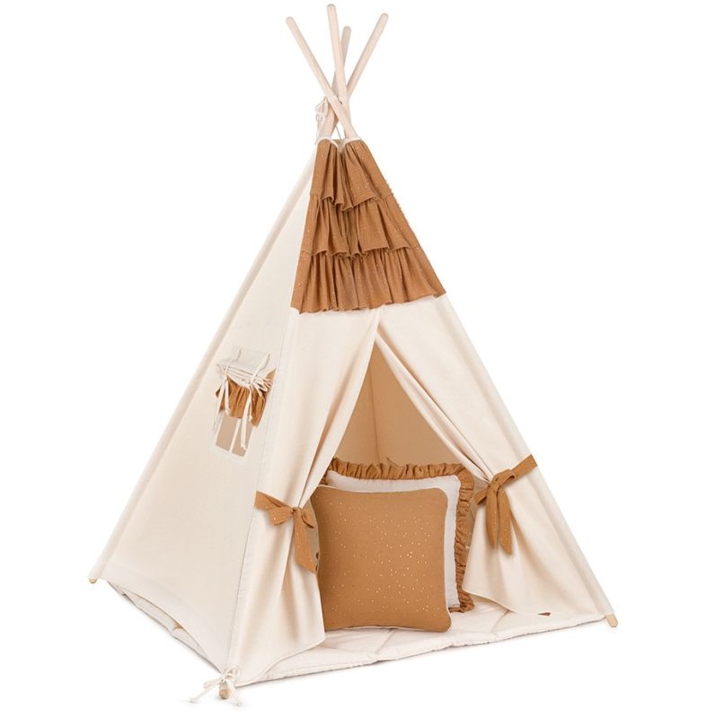 Namiot Tipi + Mata + Poduszki - muślin falbanka Carmel - wariant do wyboru FM - Tipi + mata + poduszki