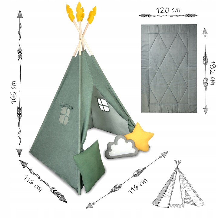 Namiot tipi butelkowa zieleń + mata + poduszki JS/AL