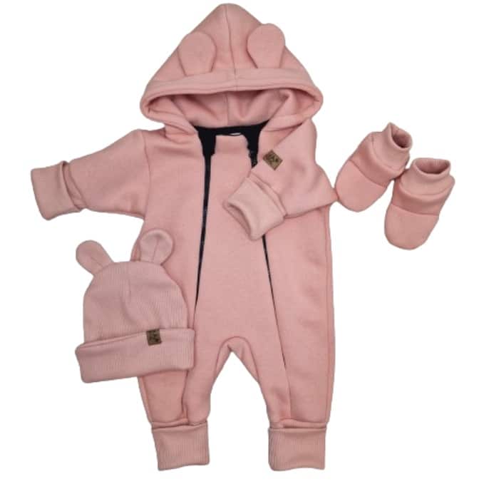 KAZUM KOMBINEZON Z OCIEPLANEJ DRESÓWKI BEZ STÓP + CZAPKA + BUCIKI CORAL PINK ZZ - 86