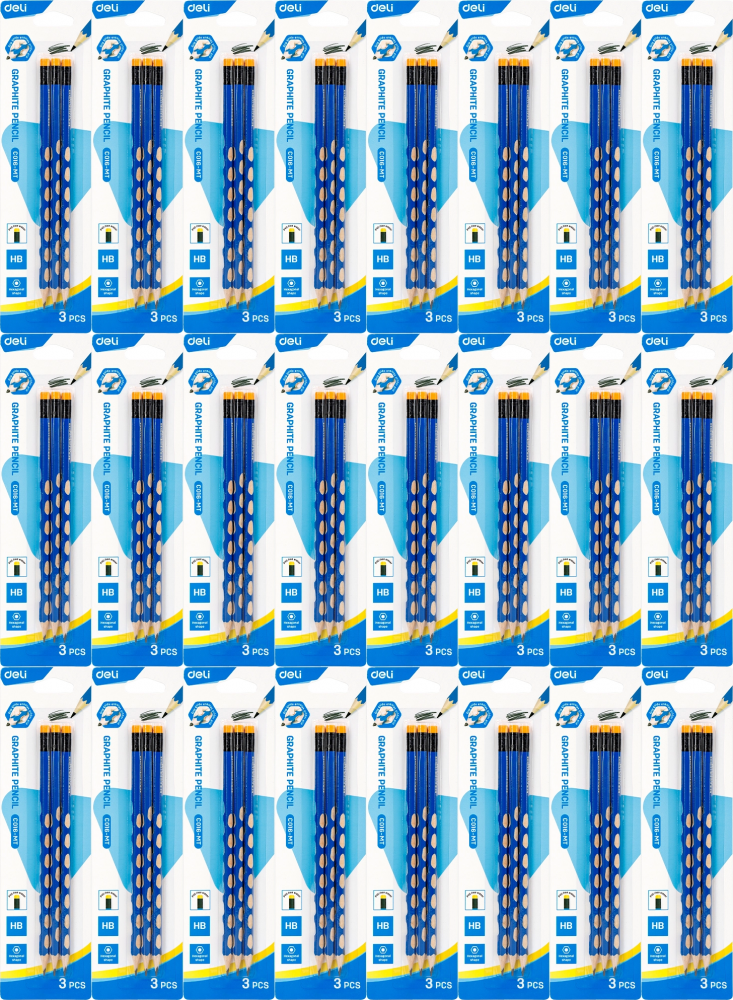 24x Ołówek Deli, HB, z gumką, trójkątny, 3 sztuki, niebieski