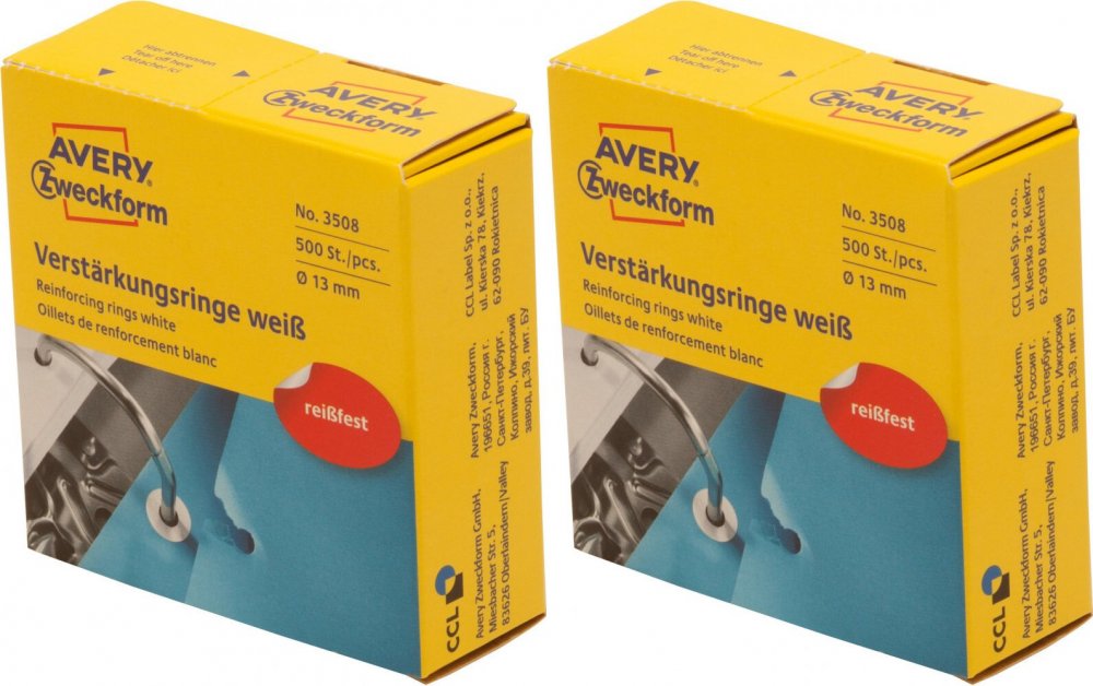 2x Pierścienie wzmacniające Avery Zweckform, 13mm, 500 sztuk, biały