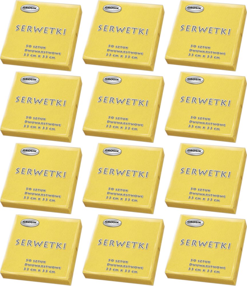 12x Serwetki stołowe Grosik, 33x33cm, 2-warstwowe, 50 sztuk, żółty