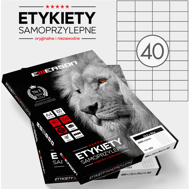 Etykiety samoprzylepne Emerson, 52.5x29.6mm, 100 arkuszy, biały