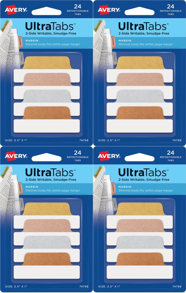 4x Zakładki samoprzylepne Avery Zweckform Ultra Tabs 74786, indeksujące, folia, 63.5x25.4mm, 24 sztuki, mix kolorów metalicznych