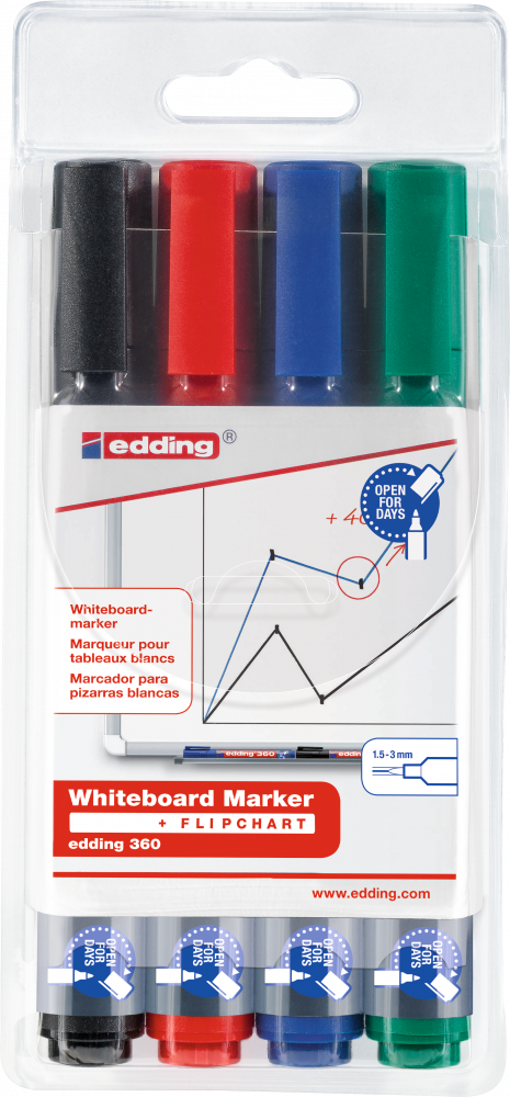 Marker suchościeralny edding 360, okrągła, 1.5-3mm, 4 sztuki, mix kolorów
