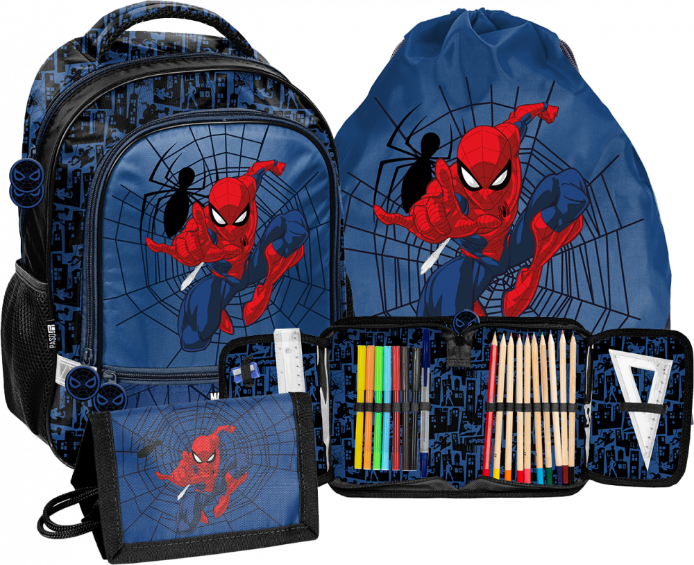 Zestaw: Plecak szkolny + piórnik z wyposażeniem + worek na buty + portfel Paso Spider-Man