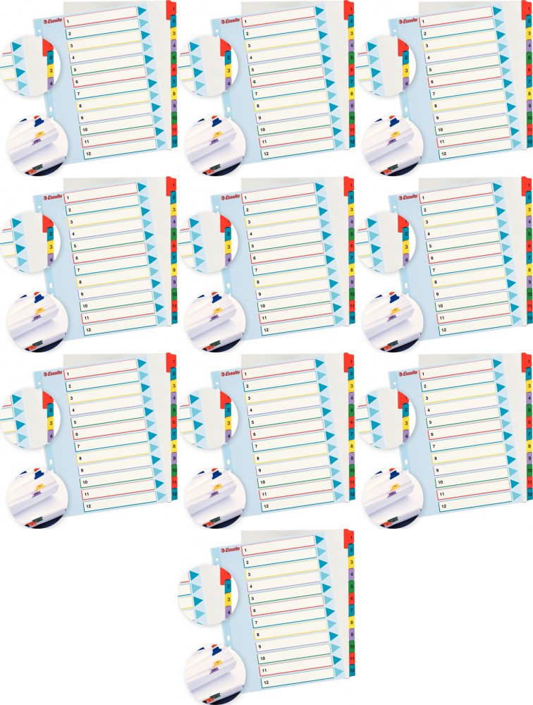 10x Przekładki do segregatora Esselte, kartonowe, numeryczne, A4+, 1-12 kart, mix kolorów