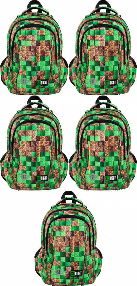 5x Plecak szkolny St.Right BP26 Pixel Cubes, trzykomorowy, 20l, 39x27x17cm, brązowo-zielony