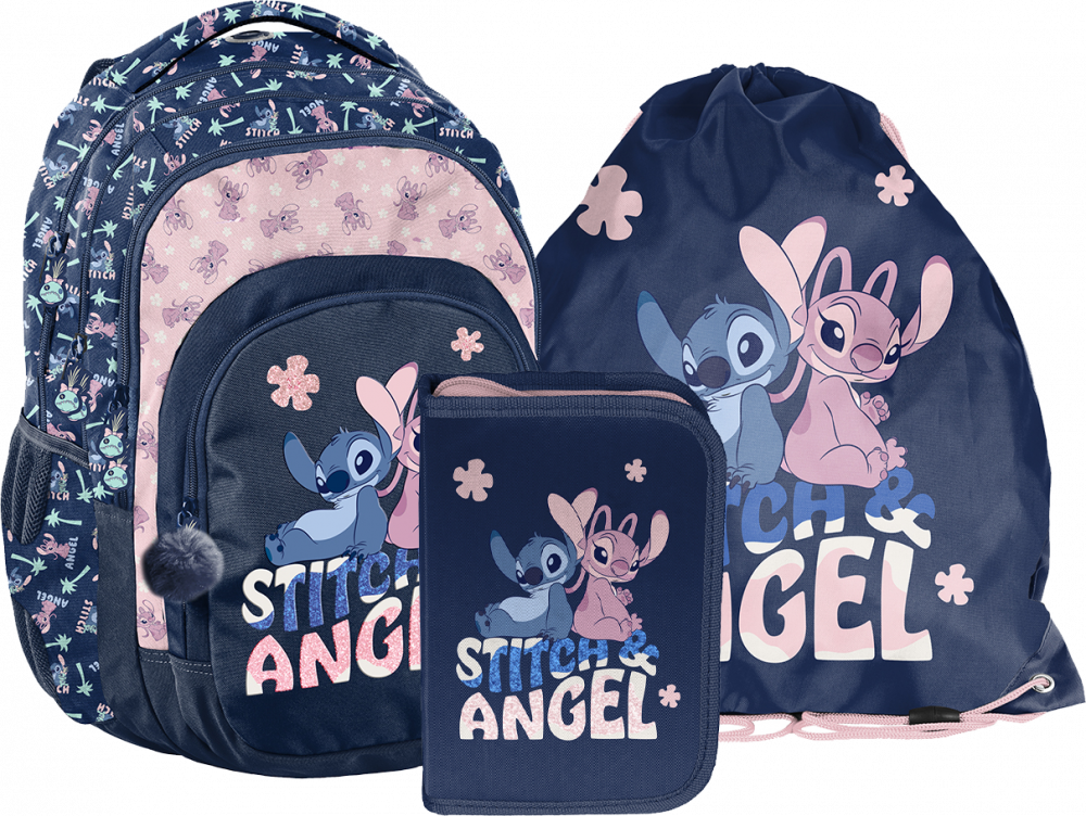 Zestaw: Plecak trzykomorowy + piórnik + worek na buty Paso Disney Stitch