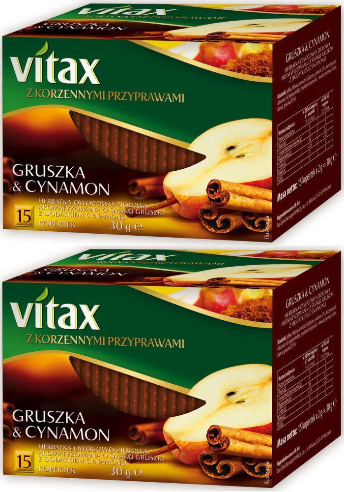2x Herbata owocowo-ziołowa w kopertach Vitax z korzennymi przyprawami, gruszka i cynamon, 15 sztuk x 2g