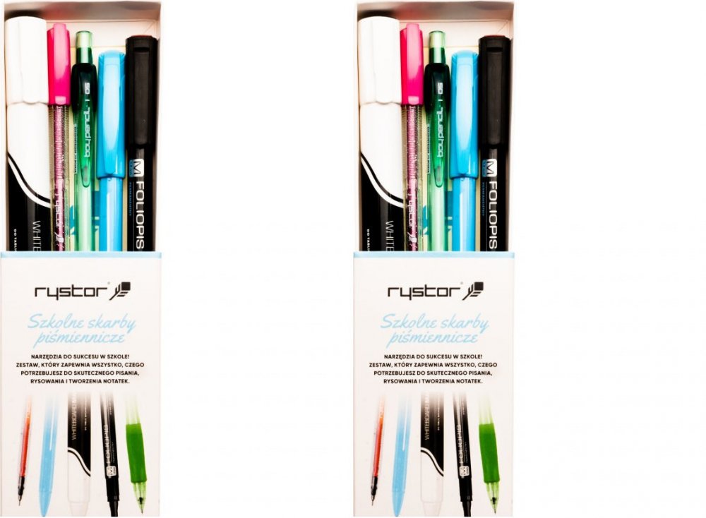 2x Zestaw szkolny Rystor, długopis Max + pióro żelowe GZ + marker suchościeralny RMS-1 + foliopis M + ołówek automatyczny Boy Pencil