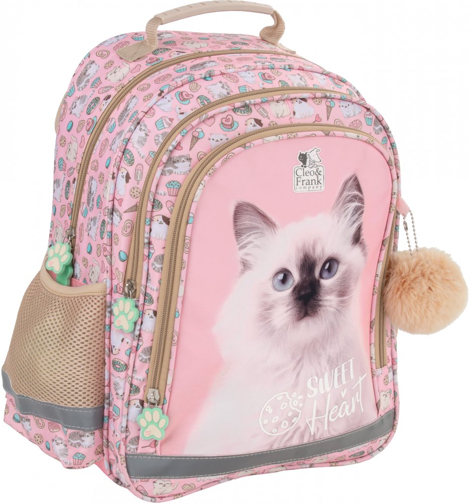 Plecak szkolny Derform 15 B Cleo&Frank 45 (Kot), dwukomorowy, 18l, 38x28x18cm, różowy