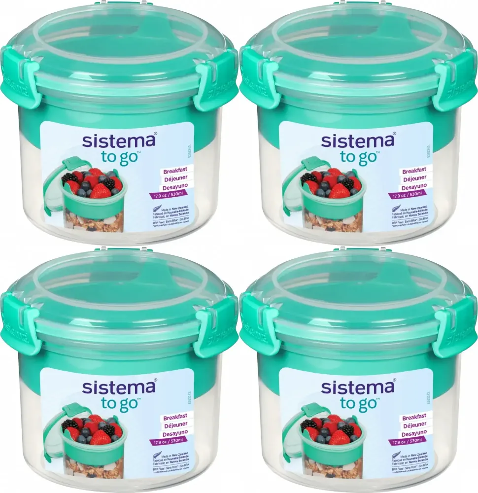 4x Lunchbox na śniadanie Sistema Breakfast To Go, z łyżeczką, 530ml, miętowy