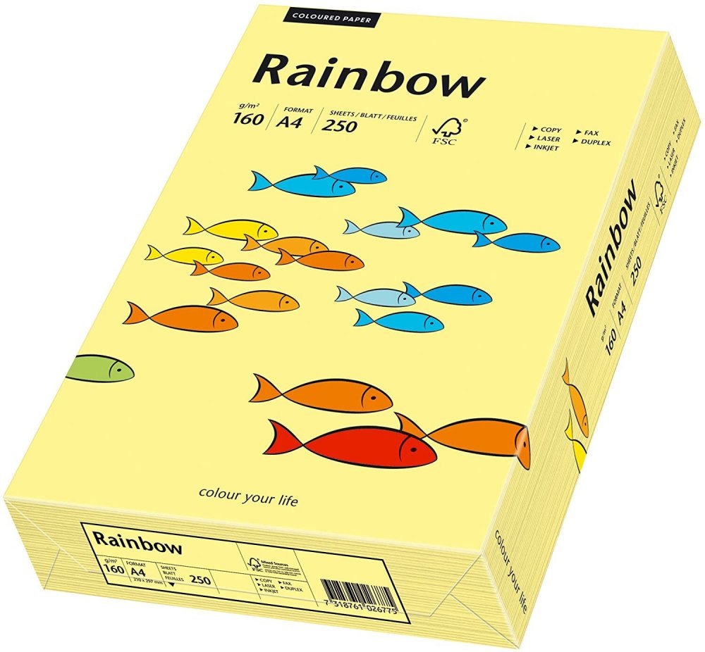 Papier kolorowy Rainbow, A4, 160g/m2, 250 arkuszy, jasny żółty (R12)
