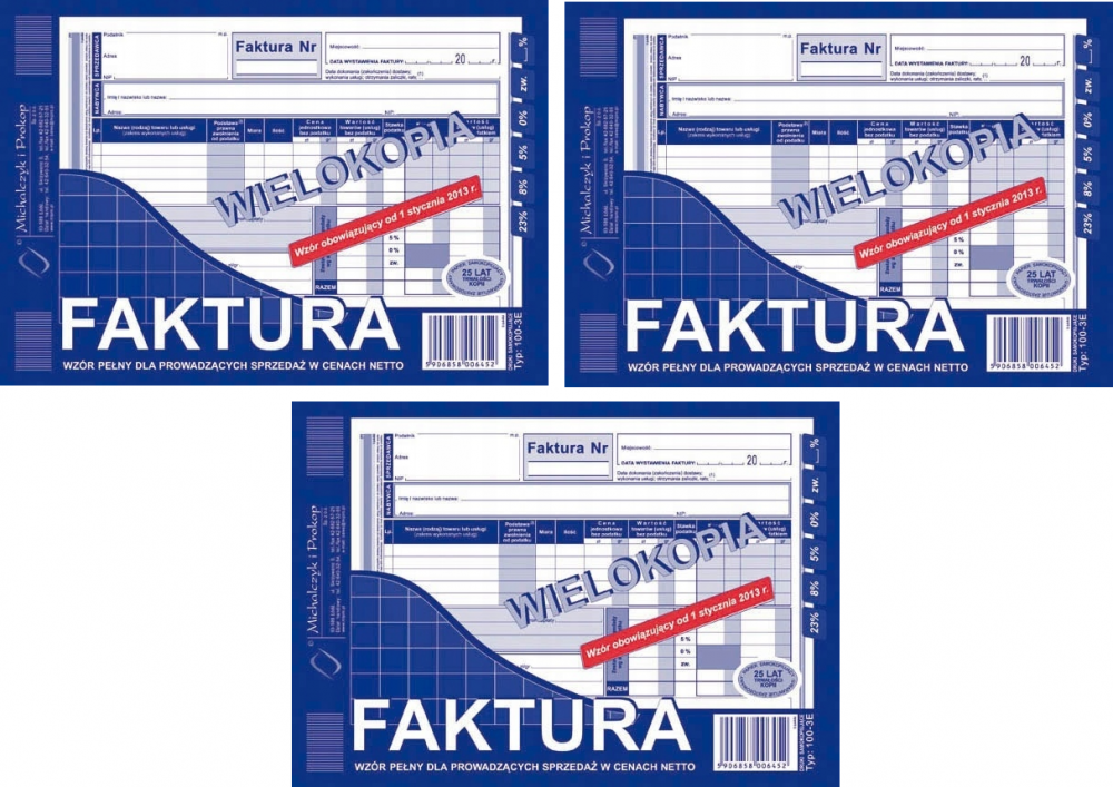 3x Druk akcydensowy Faktura VAT netto pełna MiP 100-3E, A5, wielokopia, 80k