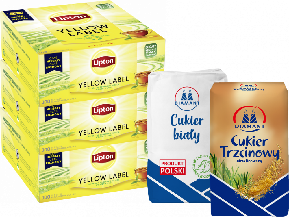 Zestaw: Cukier biały Diamant, sypki, 1kg + Cukier trzcinowy nierafinowany Diamant, sypki, 1kg + 3x Herbata czarna w torebkach Lipton Yellow Label, 100