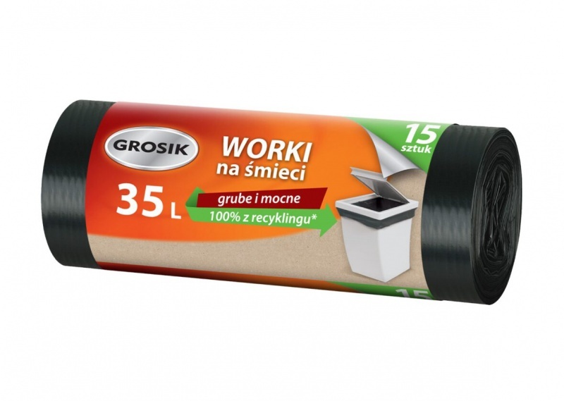 Worki na śmieci Grosik, na odpady zmieszane, supergrube, 35l, 15 sztuk, czarny
