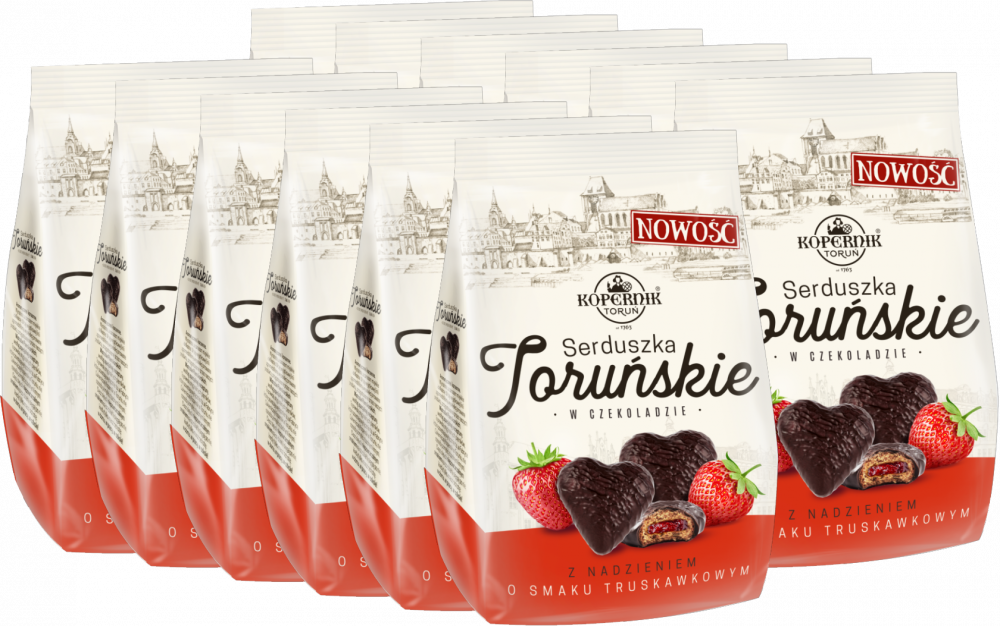 12x Pierniki Kopernik Serduszka Toruńskie, truskawkowy, w czekoladzie, 150g
