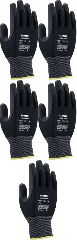 5x Rękawice robocze Uvex Unilite, powlekane, rozmiar 9, czarny