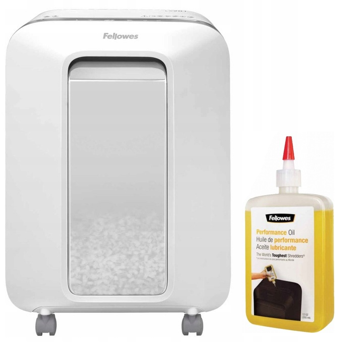 Zestaw Niszczarka Fellowes LX201, mikrościnek 2x12mm, 12 kartek, P-5/T-5 DIN, biały + Olej do niszczarek Fellowes, 355ml
