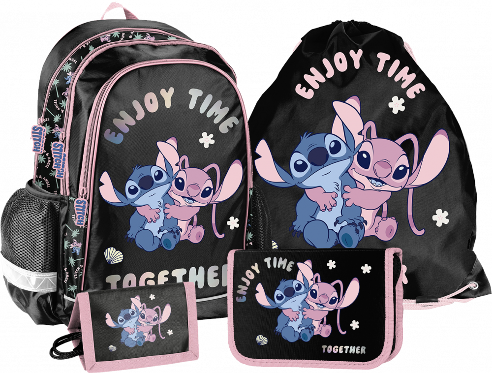 Zestaw: Plecak dwukomorowy + piórnik + worek na buty + portfel Paso Disney Stitch