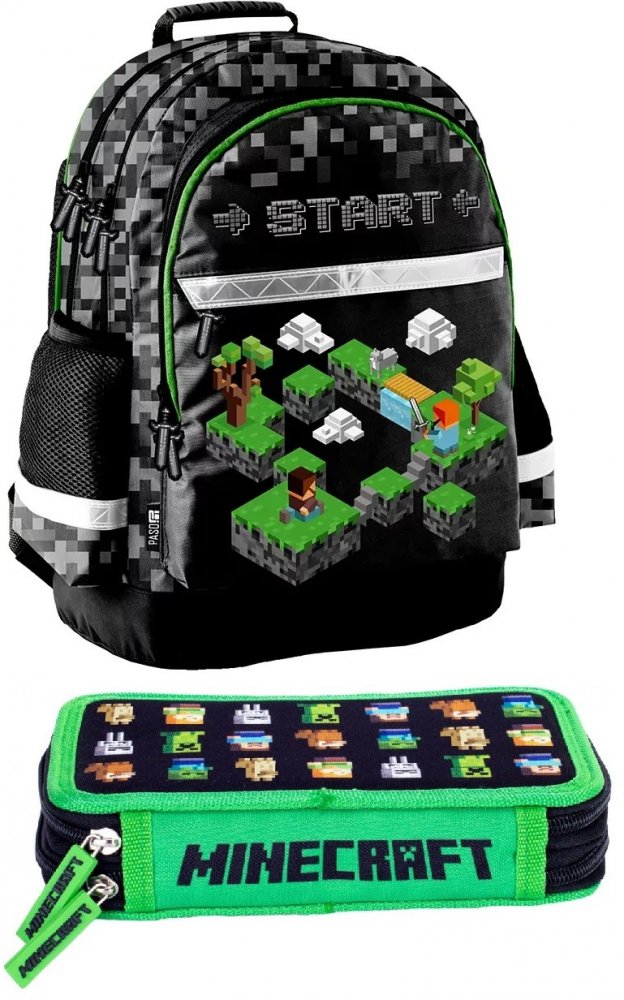 Zestaw Plecak szkolny Paso Game, dwukomorowy, 41x28x18cm, czarno-zielony + Piórnik 2-komorowy Astra Minecraft, bez wyposażenia, 20x13.5x4cm, czarno-