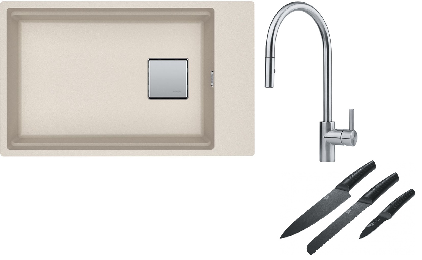 Franke Kanon KNG 110-62 zlewozmywak 62x42 cm Fragranite orzechowy z baterią kuchenną Eos Neo stal szlachetna i zestawem noży kuchennych ...