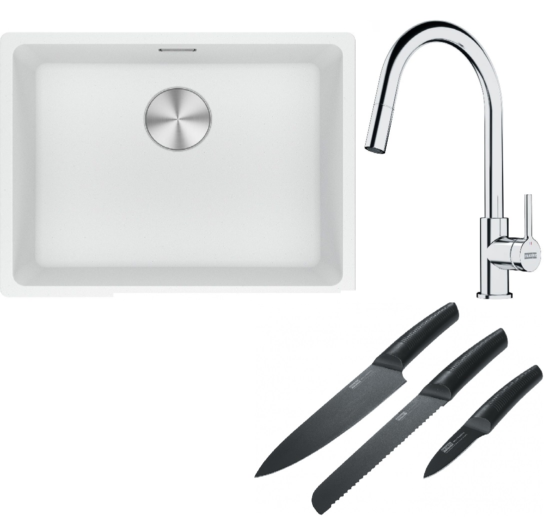 Franke Maris MRG 110-52 zlewozmywak 52x40 cm Fragranite biały polarny z baterią kuchenną Lina chrom i zestawem noży kuchennych ... - Wysyłka w 24h