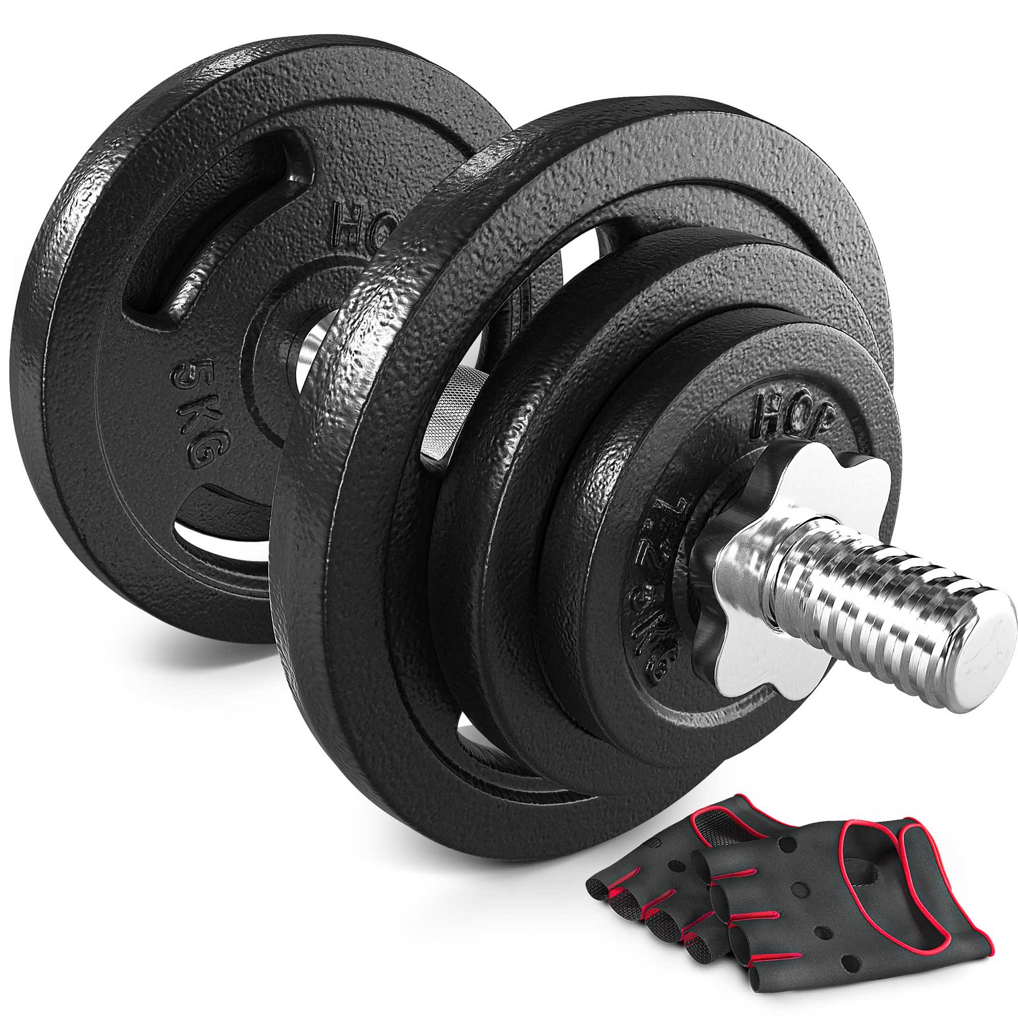 Hantla żeliwna strong Hop-Sport 1x20kg z rękawiczkami