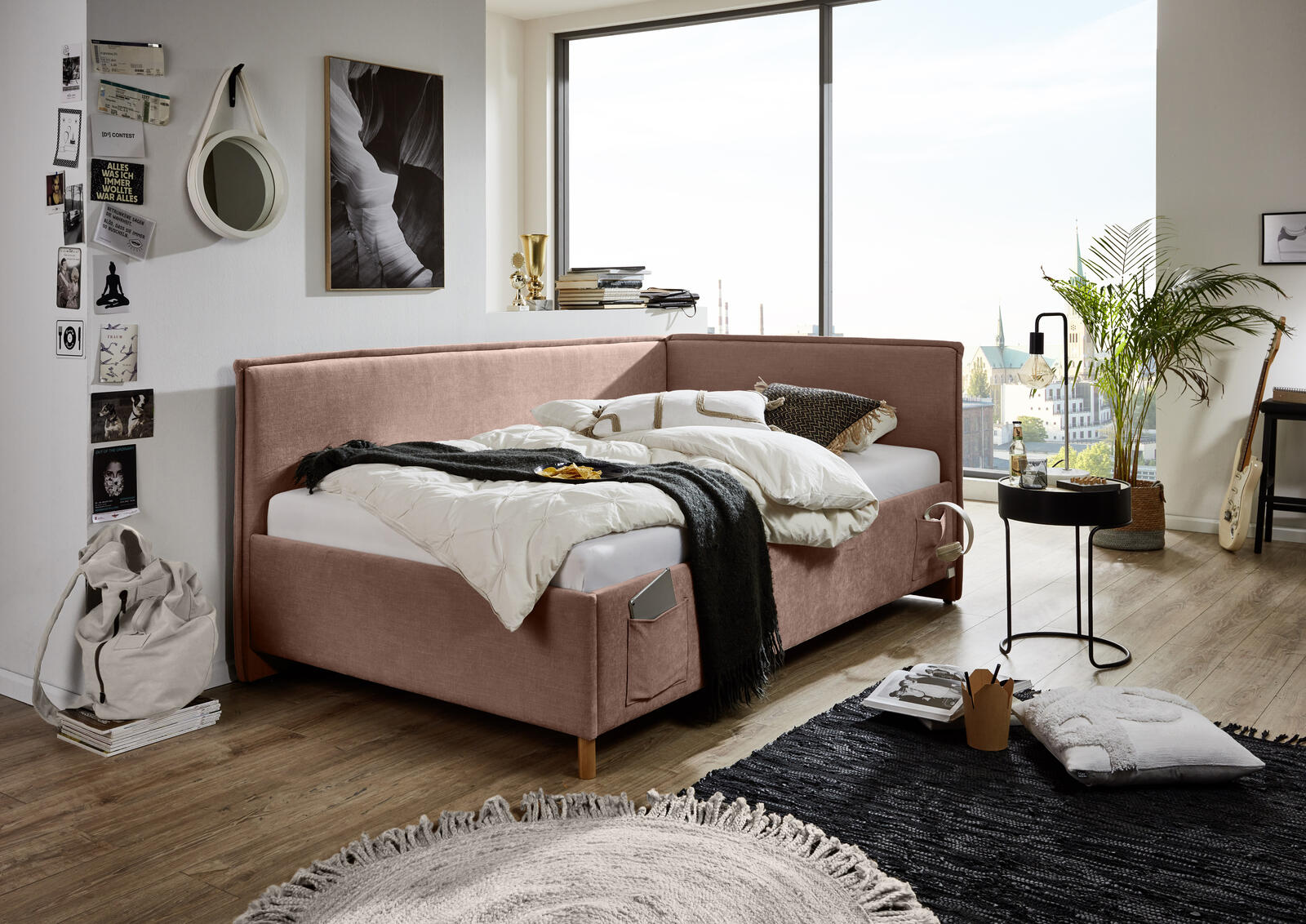 Łóżko dziecięce tapicerowane ze stelażem 120 - Fun rose