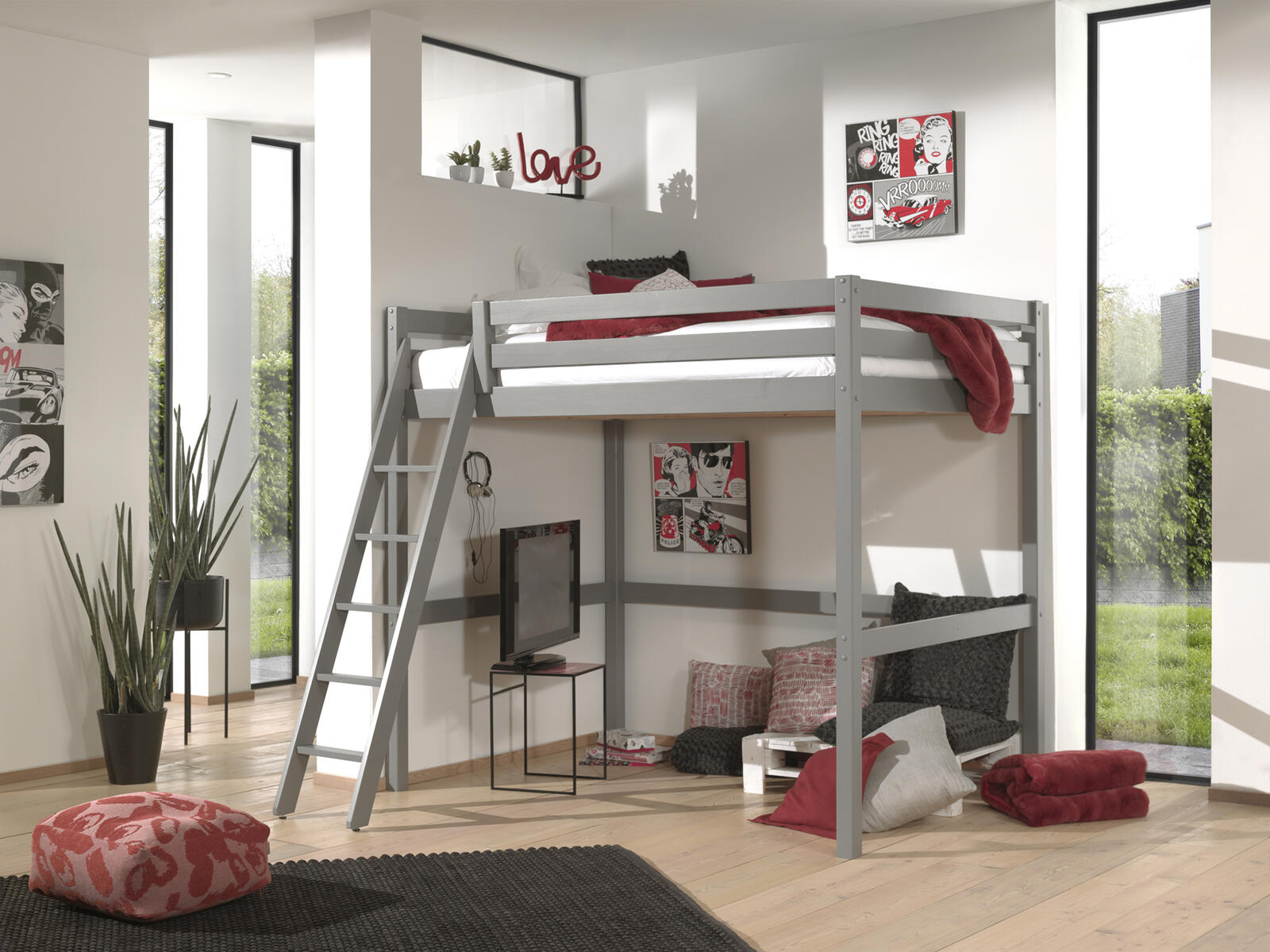Łóżko piętrowe z litego drewna Mezzanine szare