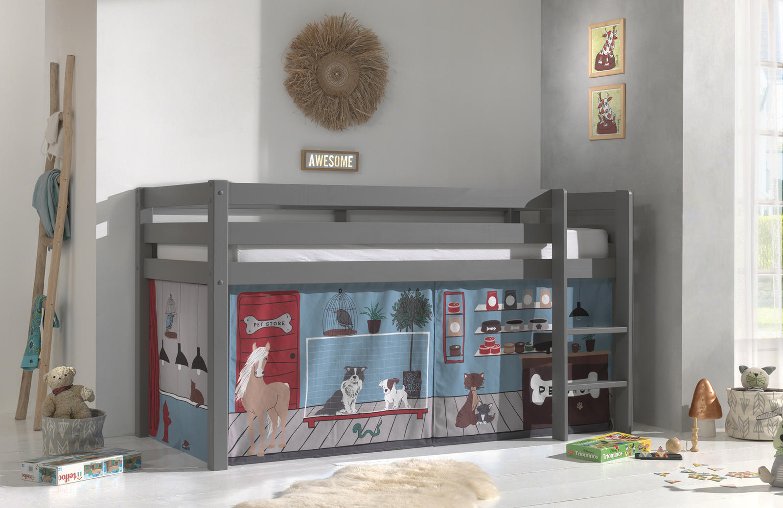 Łóżko dziecięce z litego drewna Pet shop - Pino grey