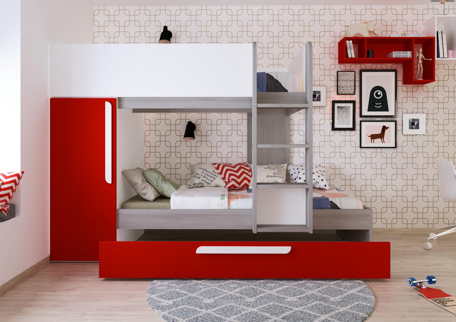 Łóżko piętrowe dla trojga dzieci Bo7 - red, white, molina oak