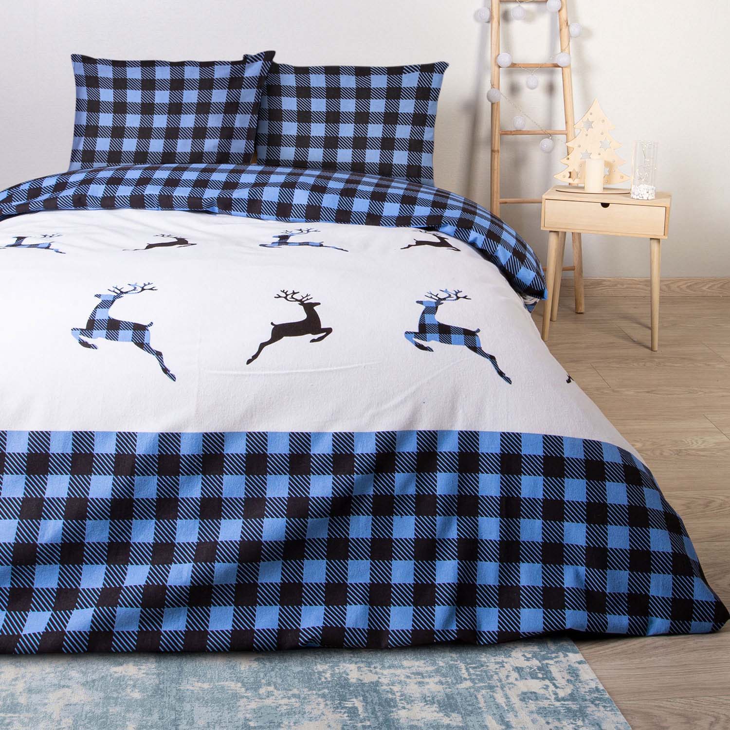 Pościel świąteczna 220x200 GRUBA 100% BAWEŁNA FLANELOWA niebieska kratka