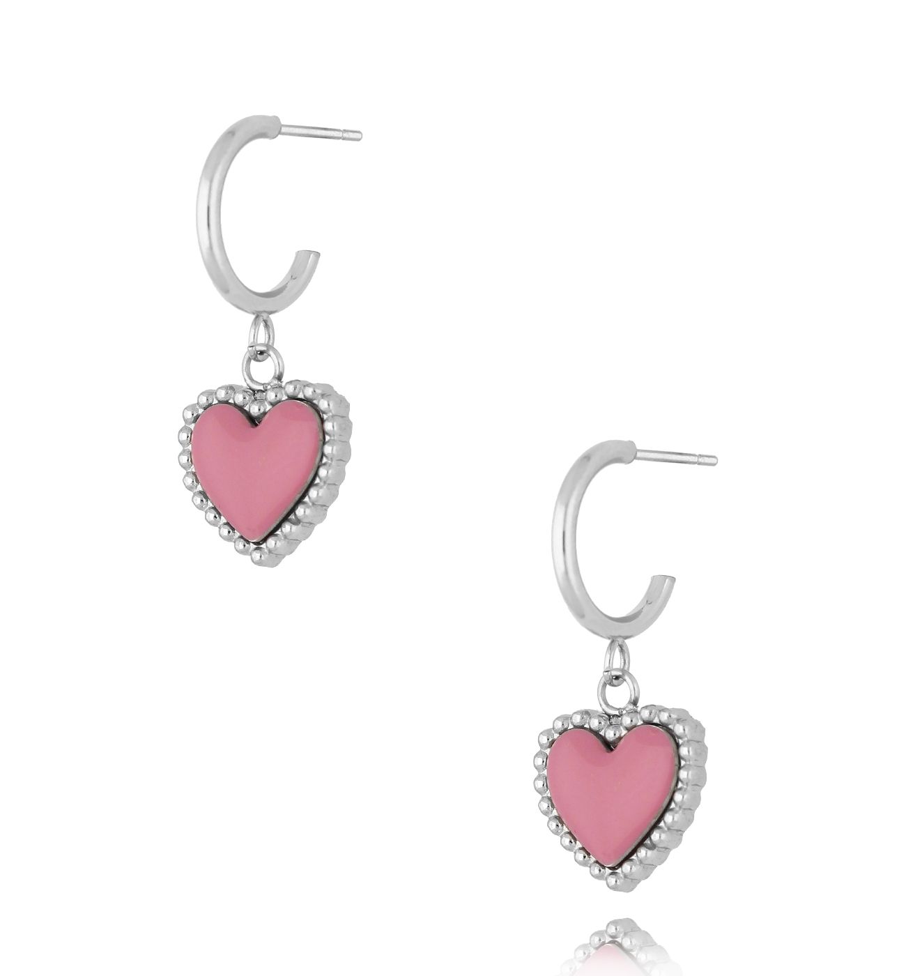 Kolczyki srebrne z sercem i różową emalią Enamel Heart - By Dziubeka