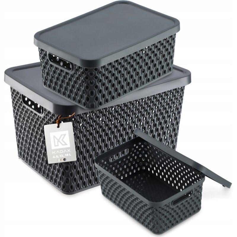 Koszyk KADAX Pudełko Z Pokrywą Pojemnik Organizer Zestaw 4,5L+12L+18L Szary 3 szt.