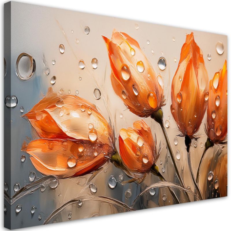 Obraz do salonu Feeby Tulipany Kwiaty Pomarańczowe Krople 90x60 cm 1 szt