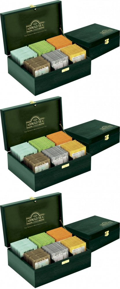 3x Zestaw herbat w kopertach Ahmad Tea London, 60 sztuk x 2g, w drewnianej skrzynce, 6 smaków