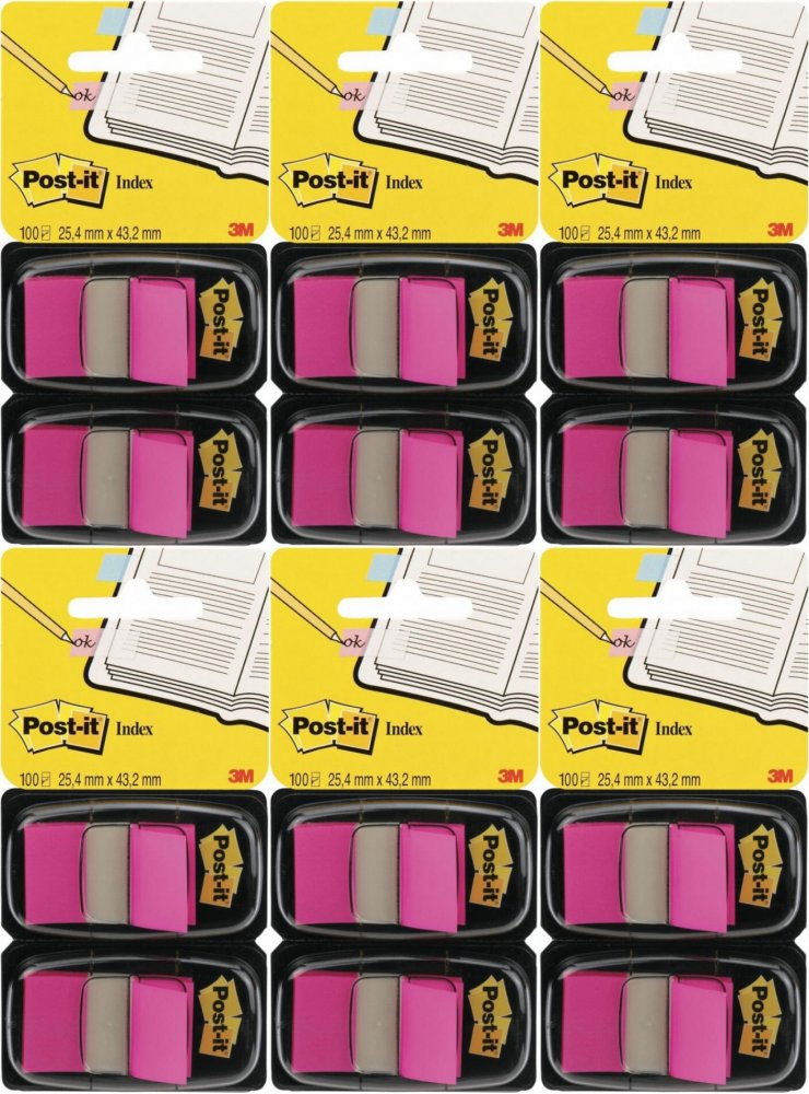 6x Zakładki samoprzylepne Post-it (680-BP2EU), proste, indeksujące, folia, pótransparentne, 25.4x43.2mm, 2x50 sztuk, jaskrawy różowy