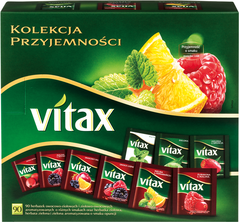 Zestaw herbat owocowych i ziołowych w kopertach Vitax, kolekcja przyjemności, 9 smaków, 90 sztuk x 1.5/1.65/2g