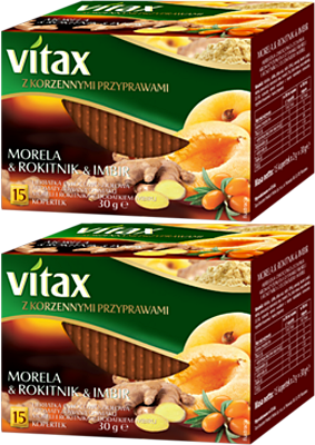 2x Herbata owocowo-ziołowa w kopertach Vitax z korzennymi przyprawami, morela/rokitnik/imbir, 15 sztuk x 2g